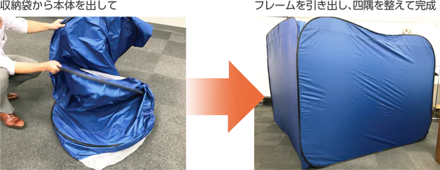 収納袋から本体を出し、フレームを引き出して四隅を整えるだけで設置完了