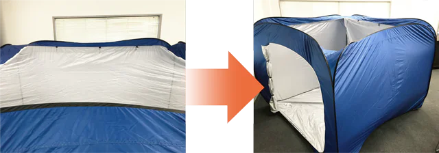 光と空気を取り込めるメッシュ素材の天井はファスナーで完全に開くことができ、より開放的に過ごすことが可能