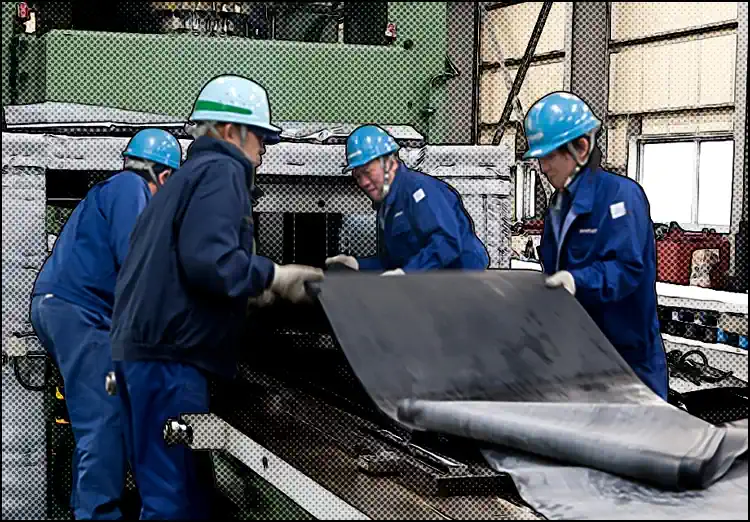 目地材の製造風景。4人の社員がゴムを持ち上げ、機械に入れている。