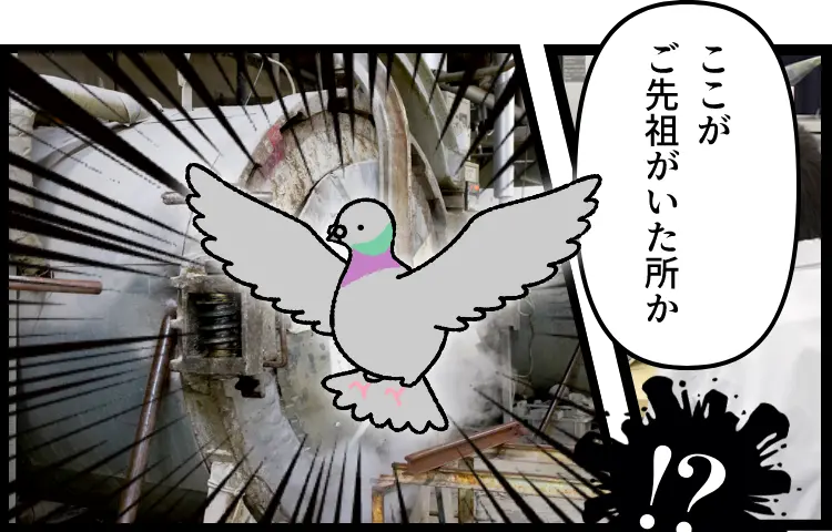 工場内に突然現れた一羽の鳩。吹き出し：「ここがご先祖がいた所か」「！？」